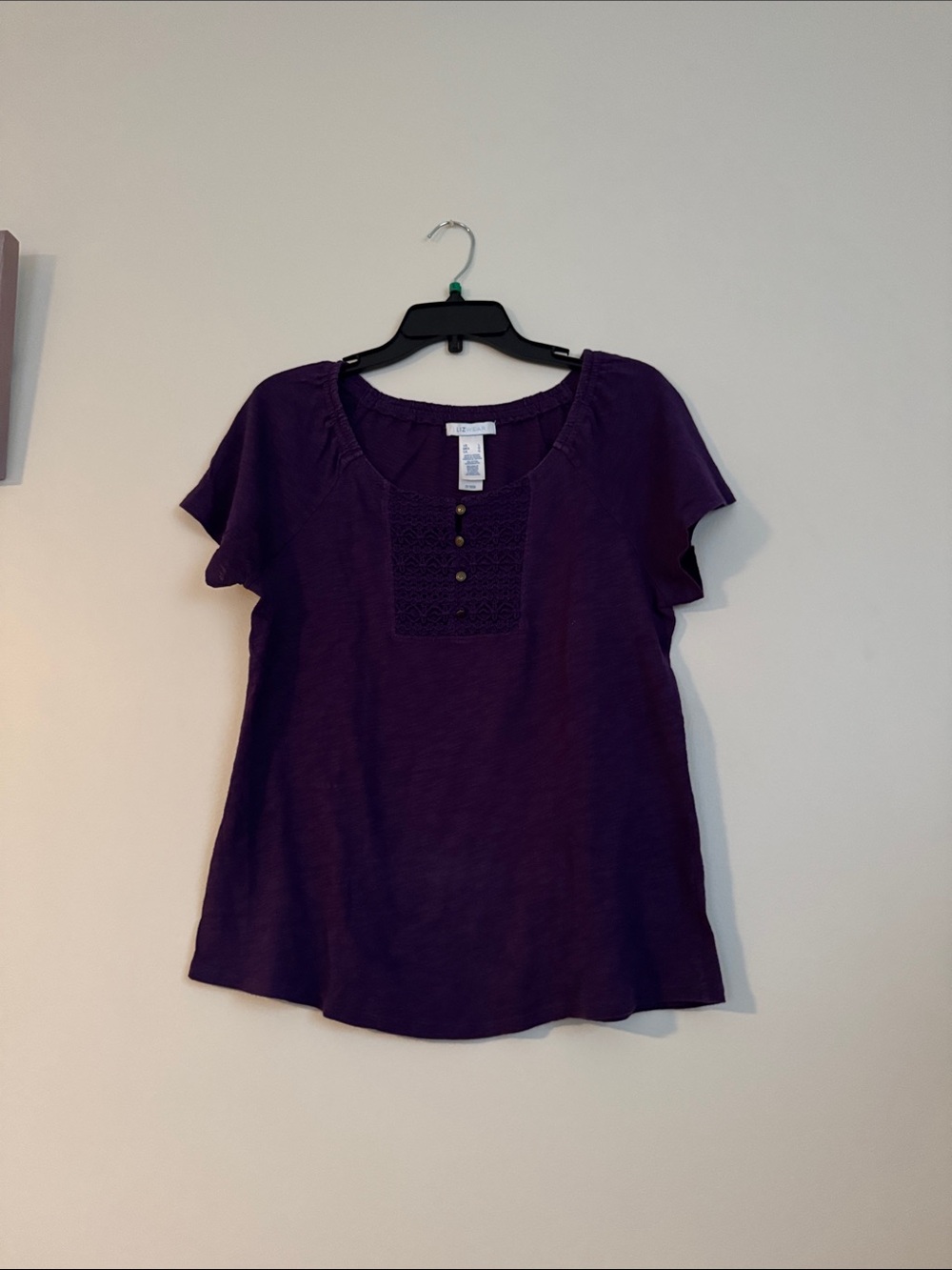 Women's Scoop Neck Short Sleeve Top in Deep Purple with Button Detail